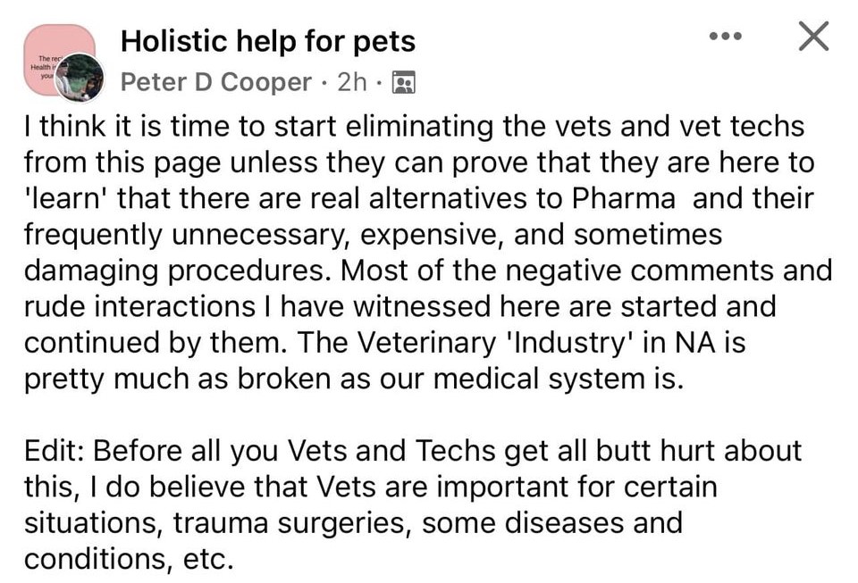 Holistic Help for Pets banning vets and vet techs